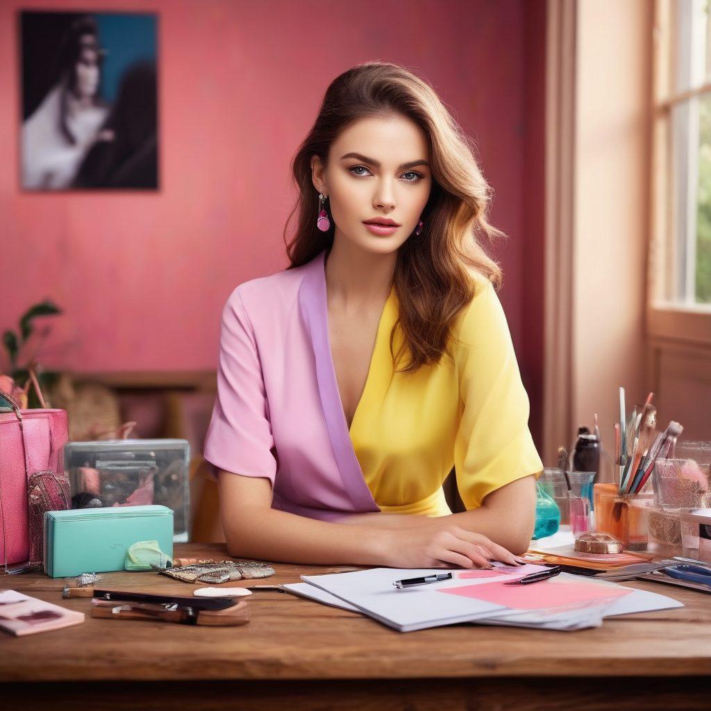 A vibrant assortment of fashion model portfolios displayed elegantly on a stylish wooden table, showcasing diverse styles and designs. Include a dreamy background with soft pastel colors and attention-grabbing fashion elements like dresses, accessories, and lighting. The scene is alive with a sense of joy and creativity, reflecting the excitement of a fashion career. Capture the essence of inspiration and professionalism. super-realistic. vibrant colors. soft focus.