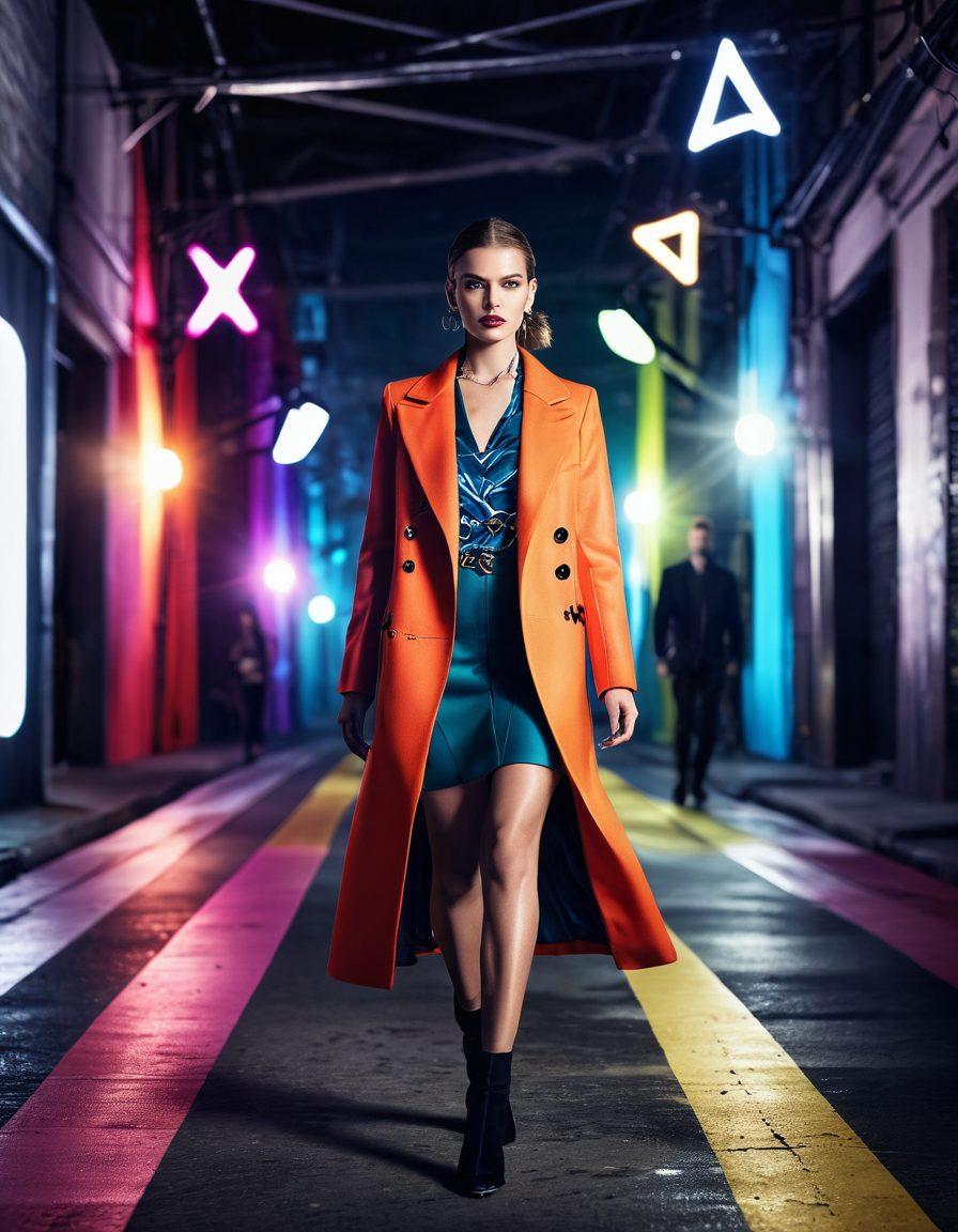 A stunning fashion model strutting confidently on a catwalk, surrounded by vibrant camera flashes capturing the moment. The background blends a stylish urban landscape with artistic elements representing growth and strategy, like arrows and lightbulbs. The scene is infused with luxurious fabrics, bold colors, and an alluring fashion aesthetic, symbolizing the journey from runway to photography. super-realistic. vibrant colors. fashion-forward.