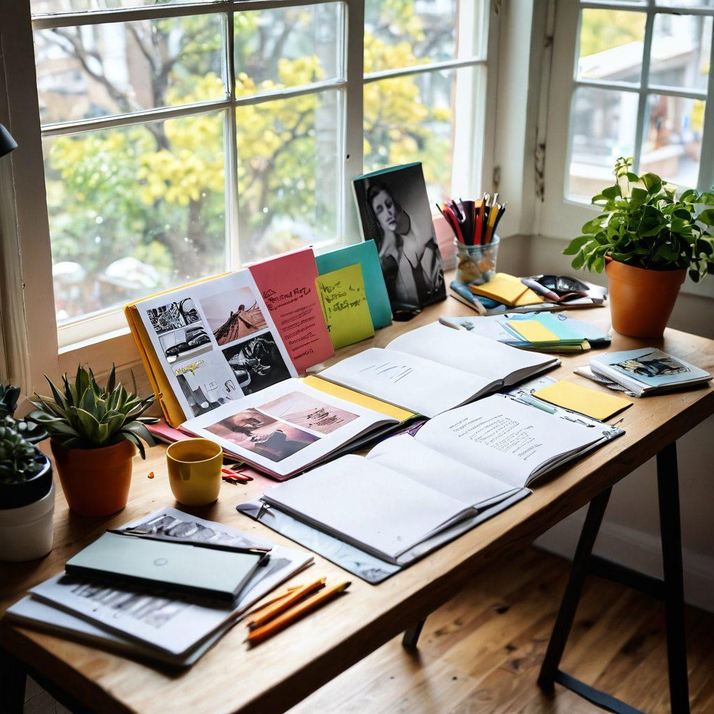 A creative workspace featuring a beautifully designed model portfolio spread open, showcasing stunning photographs with vibrant colors. Include art supplies like sketchbooks and a camera, and natural light streaming in through a window. Add elements like sticky notes and inspirational quotes for a motivating atmosphere. super-realistic. vibrant colors. bright, airy background.